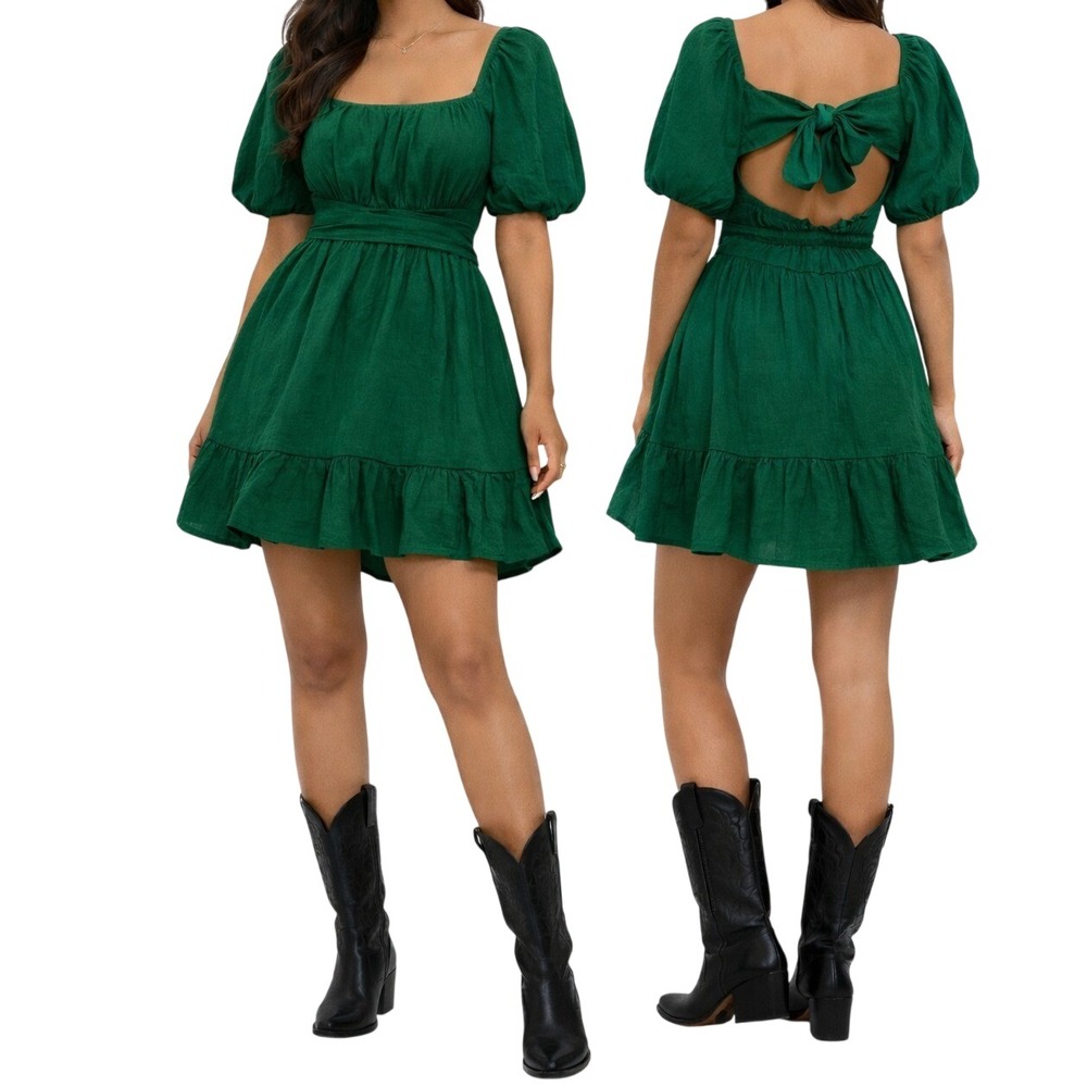 Boho Teal Green Puff Sleeve Tie‎ Back Cutout Mini Dress Smocked Ruffle Hem